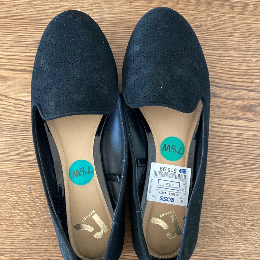 New black suede flats, size 7.5 wide